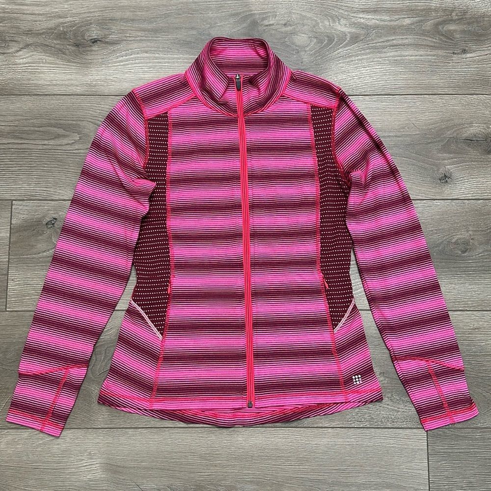 Title Nine Pink Stripe Zip Up Reflective Jacket Thumbholes Size Small